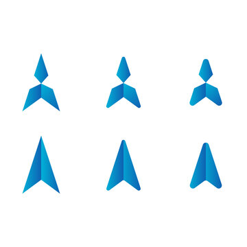 Blue icon in the form of a two-piece aircraft in six different versions. Easily scalable and suitable for logo or applications.