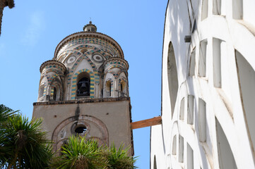 amalfi bell tower Cathedral of Sant'Andrea front of the religious facade close up - amalfi coast italy tourism