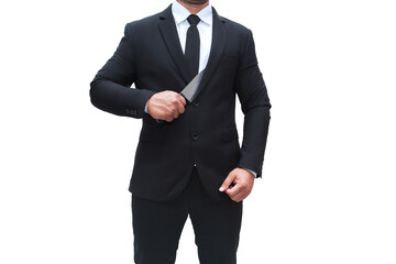 A businessman in a black suit stands gesturing to pull a knife from his chest, ready to attack his target. On a lonely white background, businessman murder.