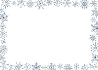 Horizontal frame of blue snowflakes. Line art. Ice crystal winter symbol. Template for winter design. 