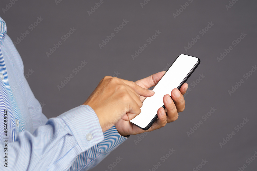 Poster technology, communication, and advertising concept. close-up of man hands holding smartphone with bl