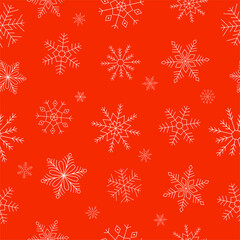 Snowflakes seamless pattern. White snowflakes on red background. Line art. Background for winter design. 