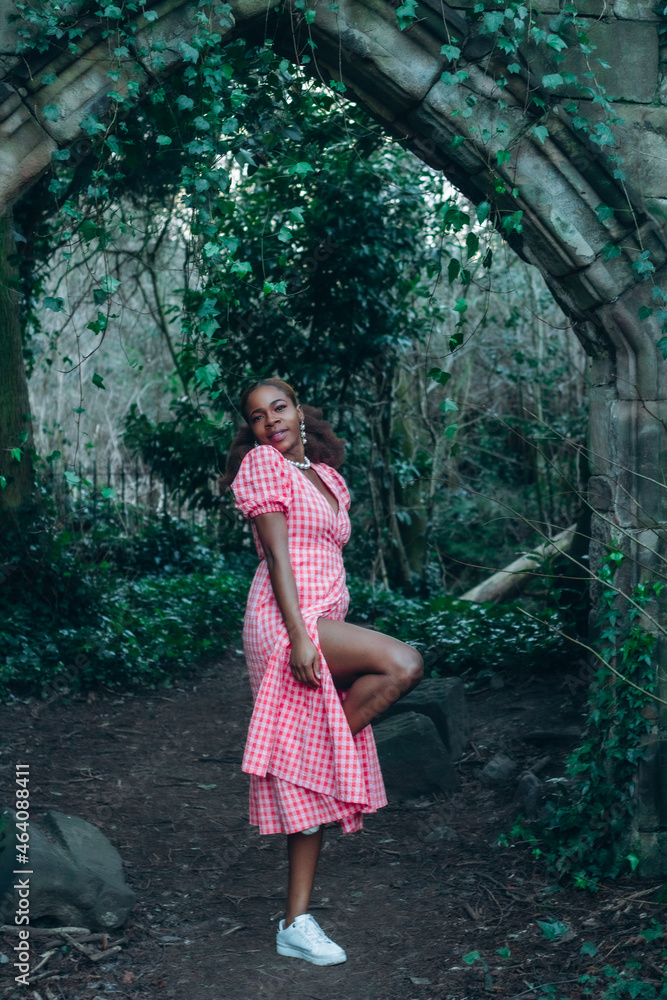 Wall mural Beautiful African black woman in park. Beautiful young woman with brown skin. Smiling black woman with afro hair wearing pink gingham dress and pearls.