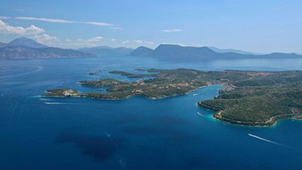 Aerial drone photo of fjord looking paradise bays in island of Meganisi a true sail boat and yacht...
