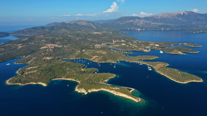 Aerial drone photo of fjord looking paradise bays in island of Meganisi a true sail boat and yacht...