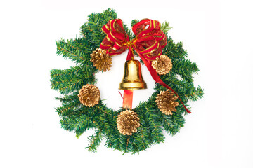 isolated christmas decorations with pine cone flowers and ribbons