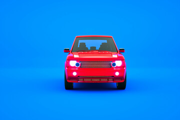 3D model of a red passenger car on a blue isolated background. Graphic model of a passenger car, foreground. Front view of the hood of the car. 3D graphics