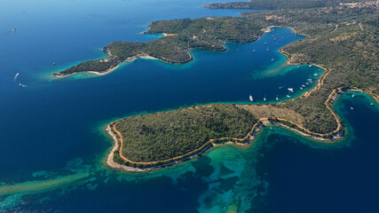 Aerial drone photo of fjord looking paradise bays in island of Meganisi a true sail boat and yacht...
