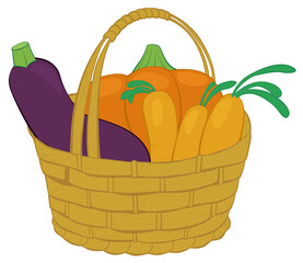 Hand drawn vector vegetables in straw basket isolated on white background. Flat cartoon harvest illustration with outlines. Fresh farm product.