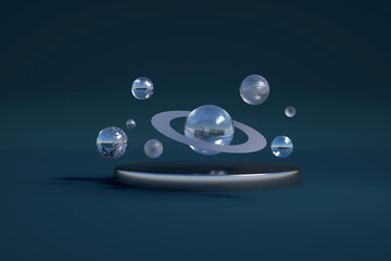 3D illustration of a blue glass transparent planet with rings and orbits around. 3D object of the planet on a dark blue background. Rendering a planet and glass balls around