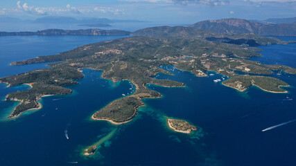 Aerial drone photo of fjord looking paradise bays in island of Meganisi a true sail boat and yacht...