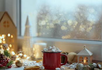 Cozy home Christmas atmosphere, window view mug of hot chocolate on windowsill, evening at home, holiday mood. Red cup of hot cocoa, christmas decor with kraft house. Selective focus, blurred backdrop