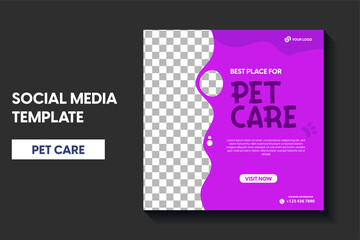modern pet shop post template, Pet care social media post Template or web banner template with space for photo. Pet care service promotional banner ads design