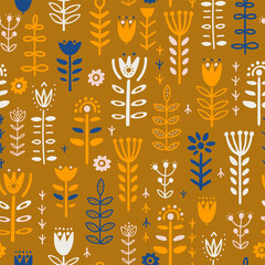 Plants and deer in nordic style seamless pattern.