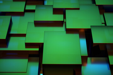 3D illustration of green rectangles. Randomly placed green squares on top of each other. Matte green panels. 3D graphics, visualization, rendering