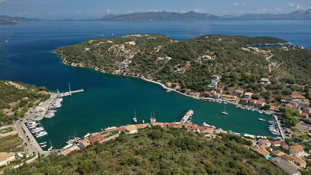 Aerial drone photo of fjord bay and port of Vathi a natural sail boat anchorage in island of Meganisi, Ionian, Greece