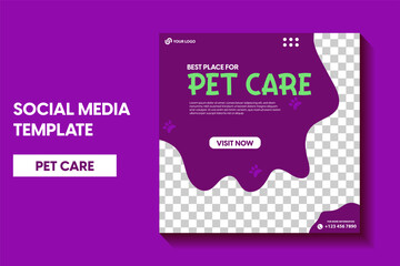 modern pet shop post template, Pet care social media post Template or web banner template with space for photo. Pet care service promotional banner ads design