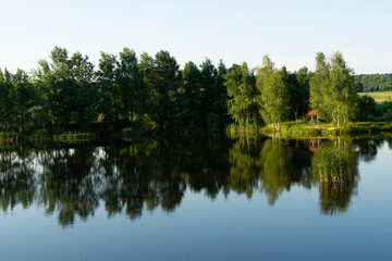 Fototapeta na wymiar Small lake with trees on the shore and a gazebo