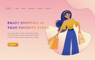 Woman with purchases. Online Shopping, Store, E-commerce, Sale concept. Vector illustration for poster, banner, commercial, promo.