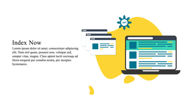 Flat style illustration of webpage indexing in search engine through index now API can be used in banners, infographics, landing pages and presentation.