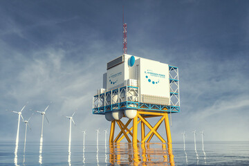 Hydrogen renewable energy production - hydrogen gas for clean electricity solar and windturbine facility. 3d rendering.