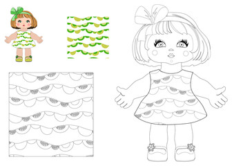 Vector cartoon little cute doll girls child in a summer dress with painted geometric pattern coloring book for preschool and primary schoolchildren, with color sample coloring Seamless pattern.