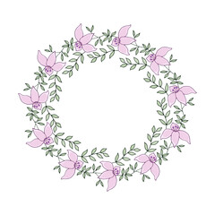 A hand-drawn wreath of cute pink flowers and twigs. Design for invitations and greeting cards. Can be used for a wedding invitation.