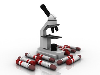 3d rendering virus testing Microscope with blood testing tube