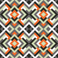 Abstract seamless pattern. Vector geometric background of triangles in green, orange and gray colors. Mosaic texture for textile, clown, carpeting, warp, book cover, clothes