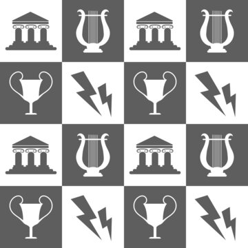 Vector seamless monochrome background with antique symbols - temple,  Zeus lightning, vase, cithern. Greek vintage pattern in gray and white colors