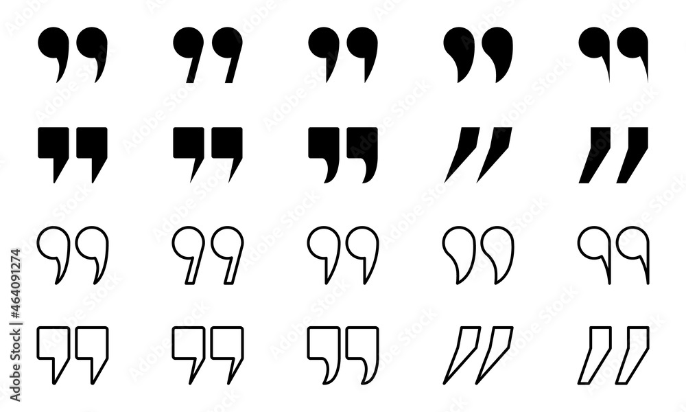 Poster set of quotation mark line and silhouette icon. quote mark symbols collection on white background. p