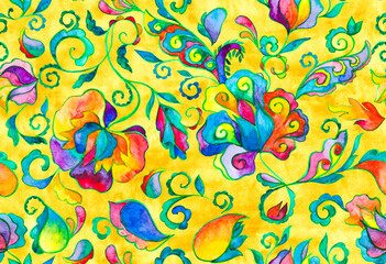 Paisley watercolor floral pattern tile:  flowers, flores, tulips, leaves. Oriental indian traditional hand painted water color whimsical seamless print, ceramic design. Abstract india batik background