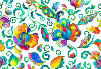 Obraz premium Paisley watercolor floral pattern tile: flowers, flores, tulips, leaves. Oriental indian traditional hand painted water color whimsical seamless print, ceramic design. Abstract india batik background