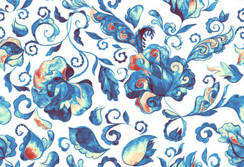 Fototapeta premium Paisley watercolor floral pattern tile: flowers, flores, tulips, leaves. Oriental indian traditional hand painted water color whimsical seamless print, ceramic design. Abstract india batik background