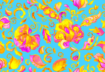 Paisley watercolor floral pattern tile:  flowers, flores, tulips, leaves. Oriental indian traditional hand painted water color whimsical seamless print, ceramic design. Abstract india batik background