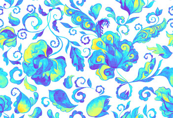 Paisley watercolor floral pattern tile:  flowers, flores, tulips, leaves. Oriental indian traditional hand painted water color whimsical seamless print, ceramic design. Abstract india batik background