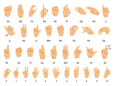 Collection of hand gestures for the deaf and dumb. Alphabet and numbers.