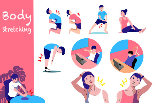 collection of human are stretching their body for muscle releif. Illustration set for body excercise and self healthcare activity.