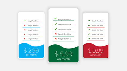 Price comparison table for three products/services with descriptions