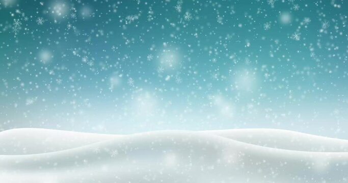 Snowstorm in the night animation. Winter background with snow banks in the snowfall. Decorative snowflakes.