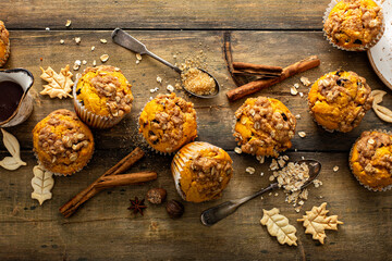 Pumpkin muffins with oat and brown sugar crumble