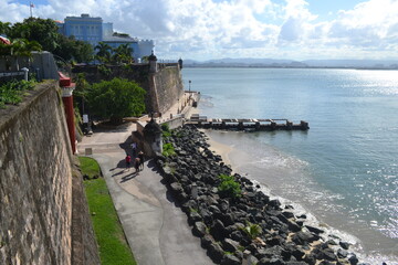 View of the walls of Puerta de San Juan with la Fortalezza in the backgroud, Paseo del Moro, Viejo San Juan