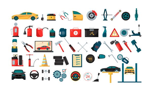 Collection of illustrations of car service. Colorful objects of auto parts, repair, tools. Autoservice elements isolated on white background.