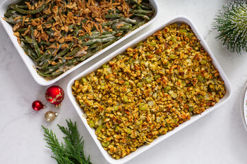 Christmas dinner side dishes including greean beans casserole and stuffing