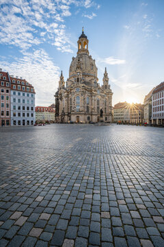Dresden Frauenkirche (Church of Our Lady) and Neumarkt square at sunrise, Saxony, Germany