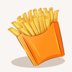 French fries in orange packaging on a white background. Fast food, snack.