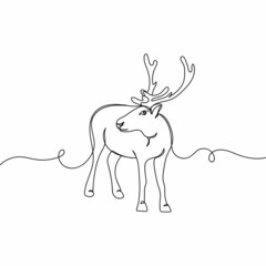 Vector continuous one single line drawing of reindeer logo in silhouette on a white background. Linear stylized.
