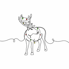 Vector continuous one single line drawing of reindeer with christmas light style in silhouette on a white background. Linear stylized.