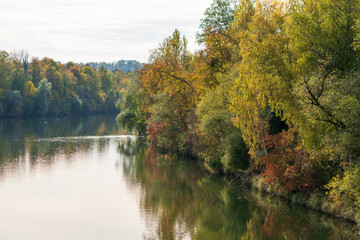 Blick auf die Traun in Wels mit herbstlichen Bäumen