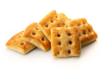 baked Genoese focaccia - stack of single-portion square loaves- bread of sourdough - isolated on white